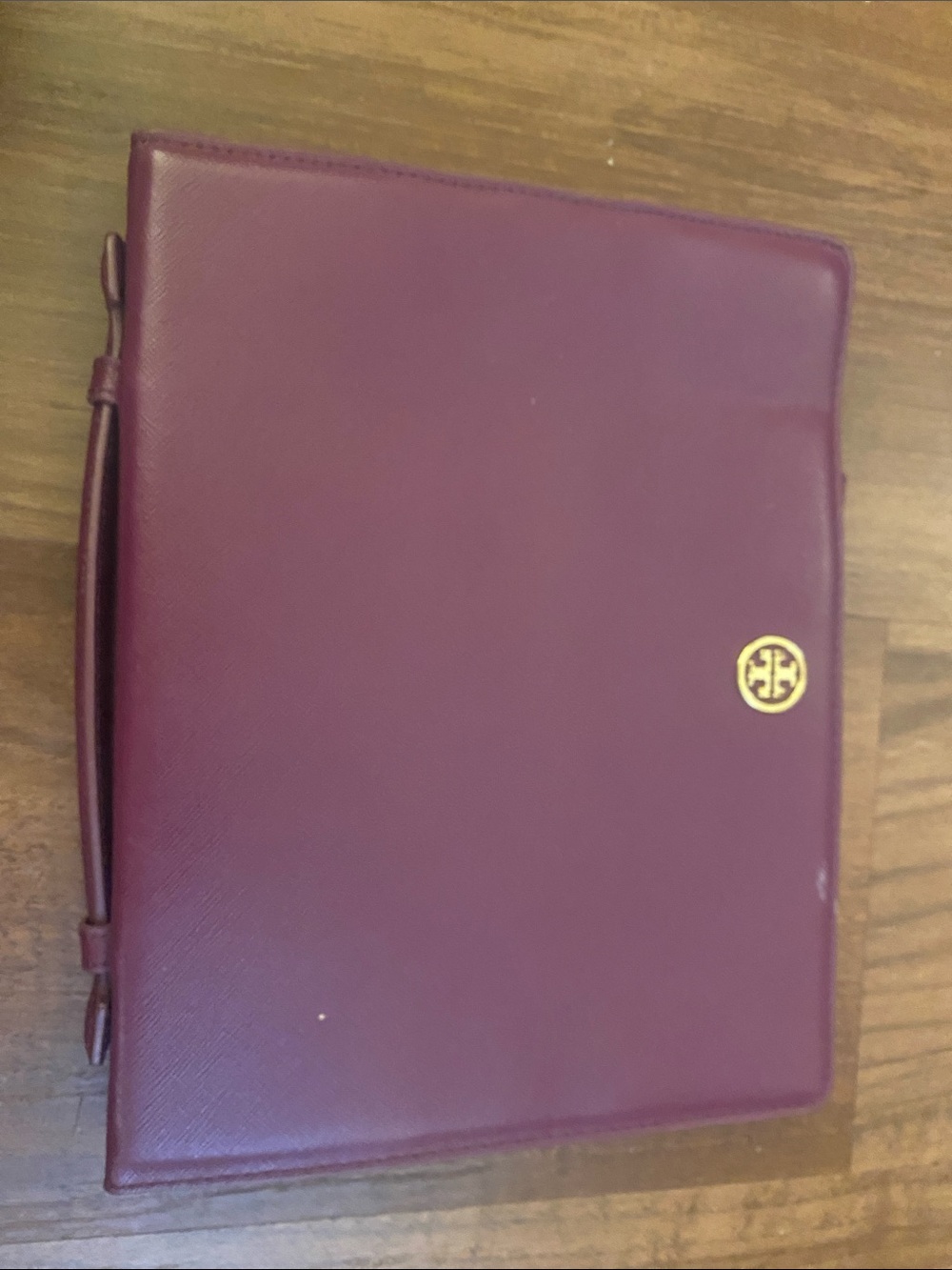 Authentic Tory Burch Plum Leather Tablet Folio with Gold Emblem